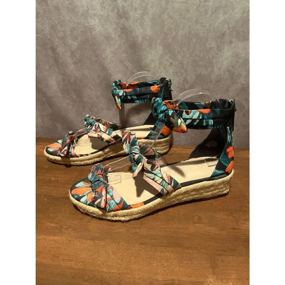 Nine West Floral Espadrille 3 Bow Allegro Ankle-Tie Sandals Teal & Coral size 8